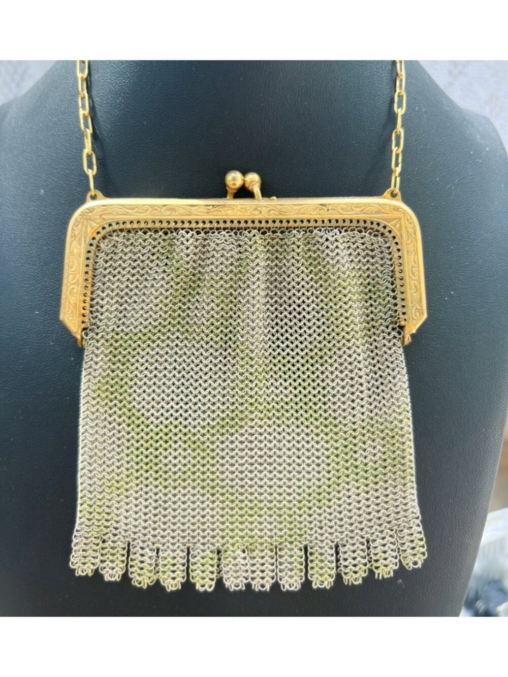 Vintage Gold Mesh Evening Bag With Chain Handle & Ornate Frame